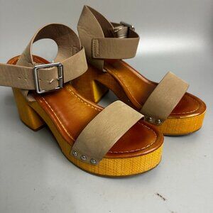 Mia‎ Platform Sandals Size 7.5M brown Summer Faux Wood Boho Block Heel retro